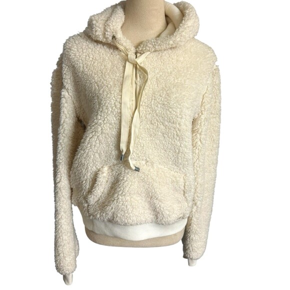 Abercrombie Fitch Womens Sz M Ivory Hoodie Sherpa Fleece Crop 1/4 Zip Sweater - Picture 1 of 8